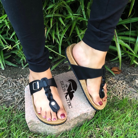 Shoes - Vegan Leather Black Braided Thong Slides sandals